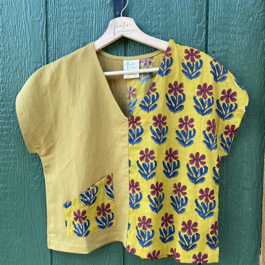 Meiga Top Pistacchio/mustard with blue & maroon flowers