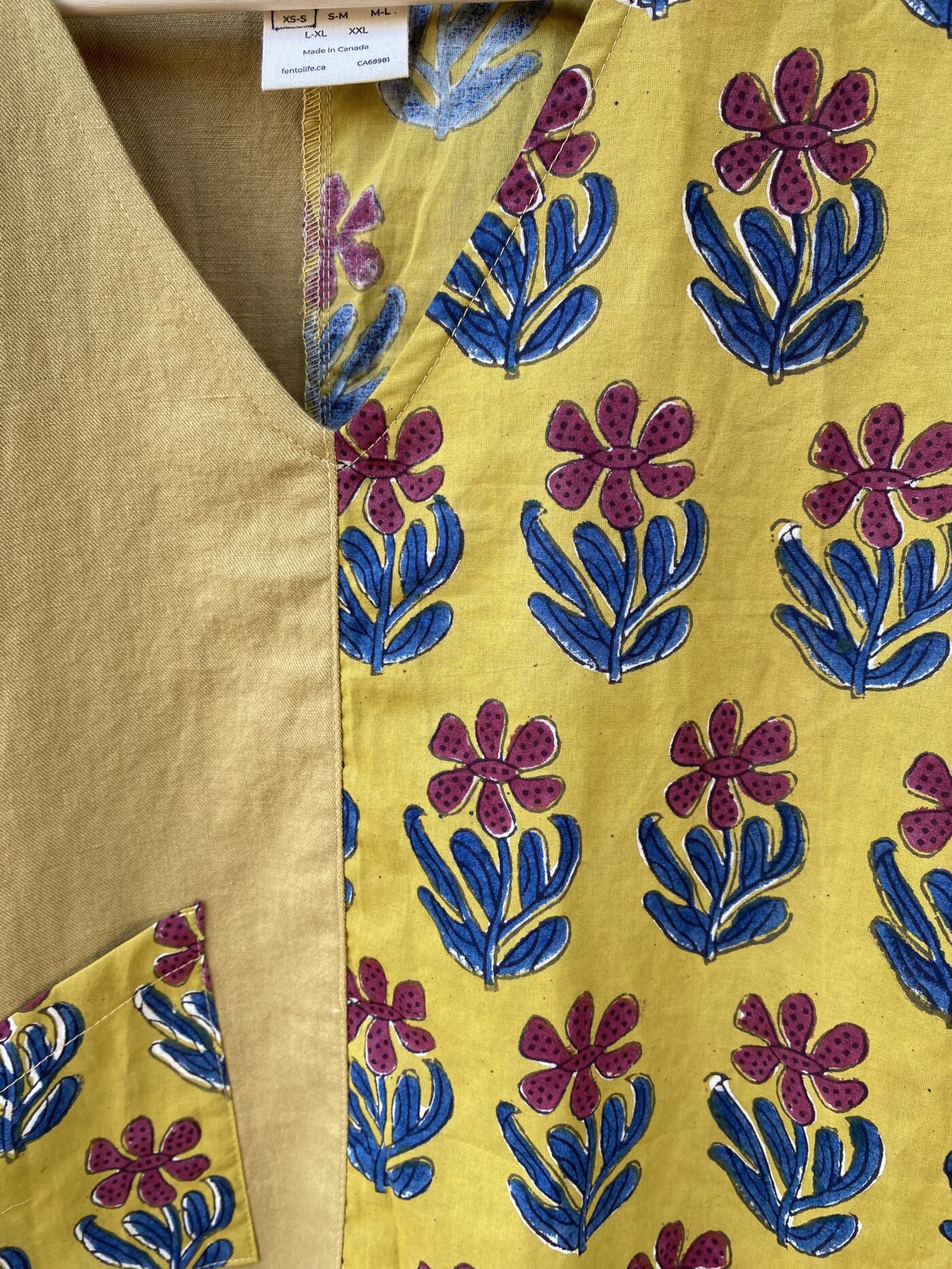 Meiga Top Pistacchio/mustard with blue & maroon flowers - Image 2